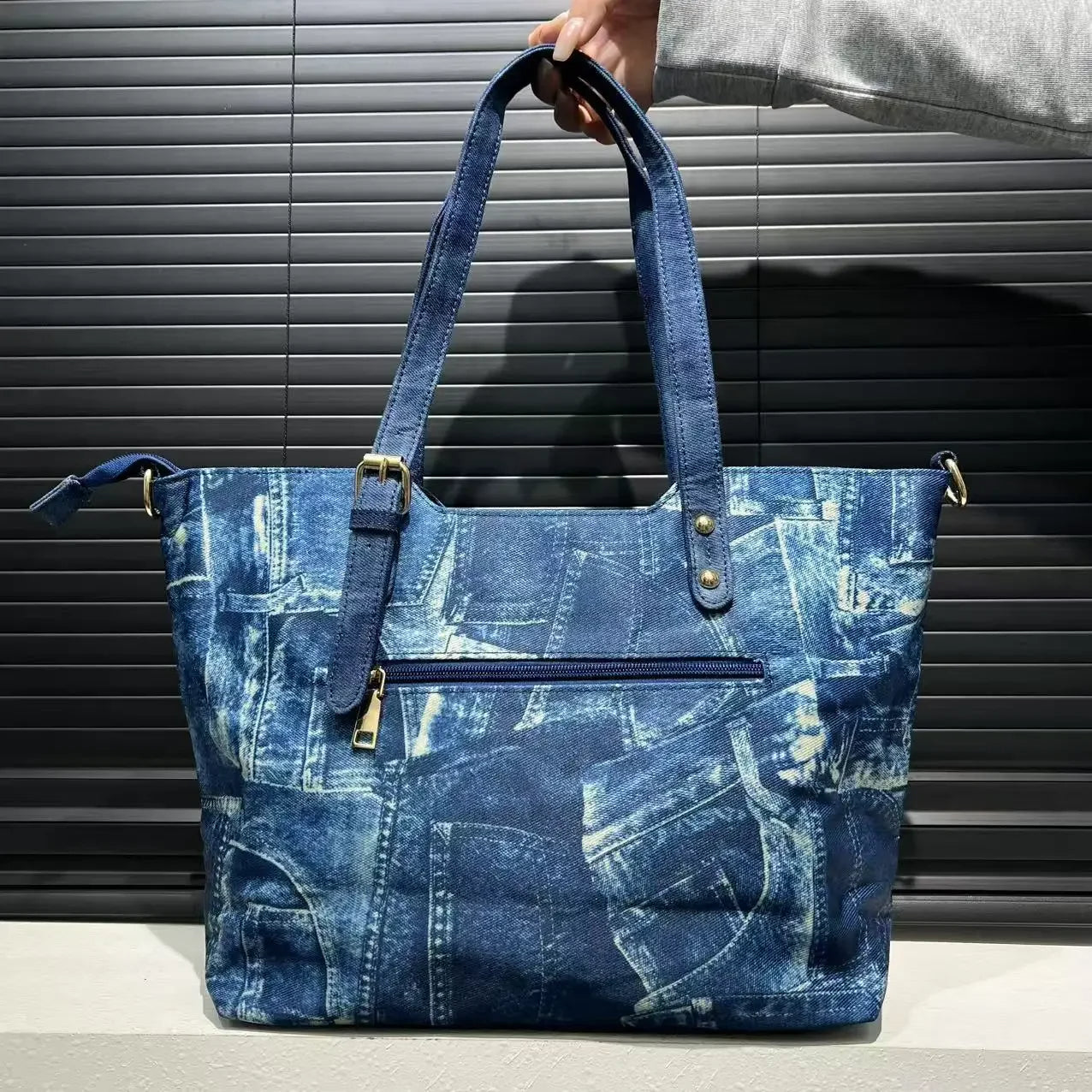 Denim Crystal Embellished Shoulder Tote