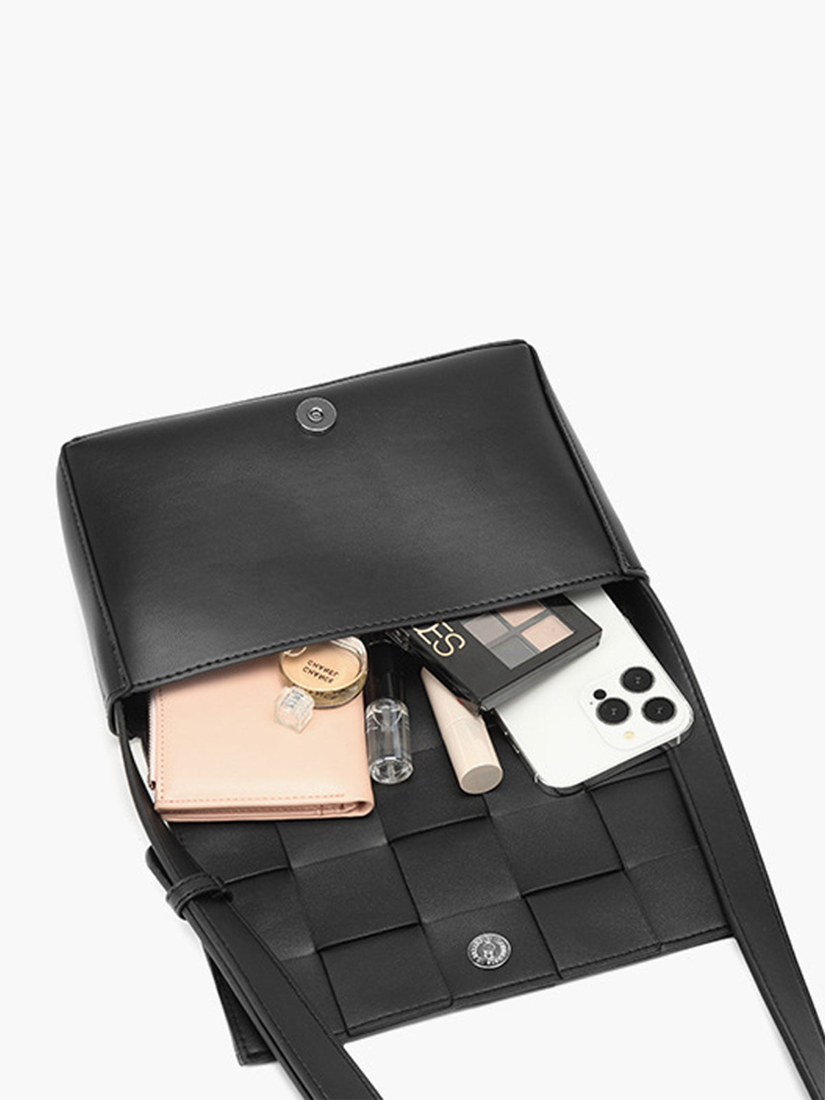 Luna Compact Black Woven Crossbody Bag