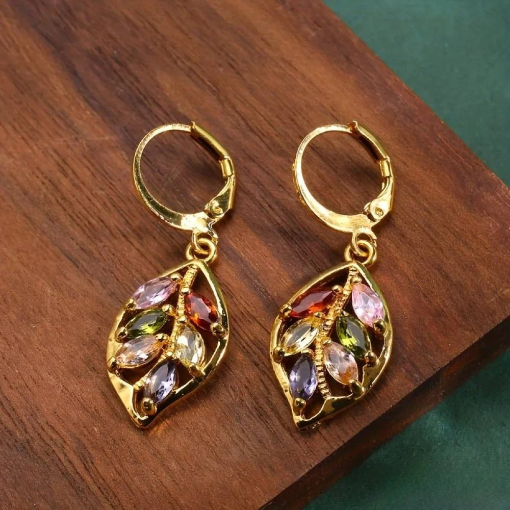 Vintage Gold Leaf Earrings with Colourful Zirconia