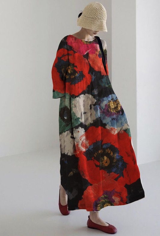 Rosalia | Artistic midi dress with maximum comfort and intense floral print for impactful looks