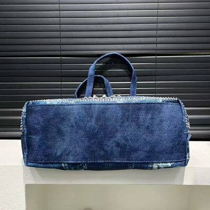 Denim Crystal Embellished Shoulder Tote