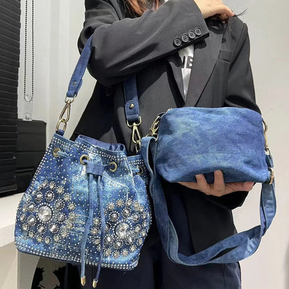 Denim Bucket Crossbody Bag Set