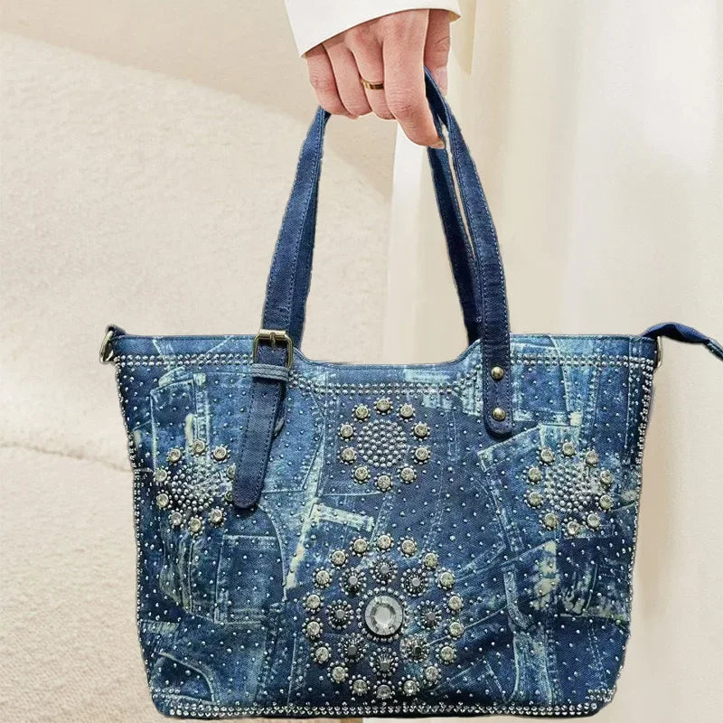 Denim Crystal Embellished Shoulder Tote