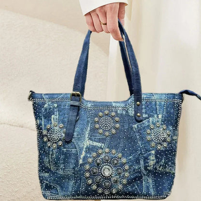 Denim Crystal Embellished Shoulder Tote