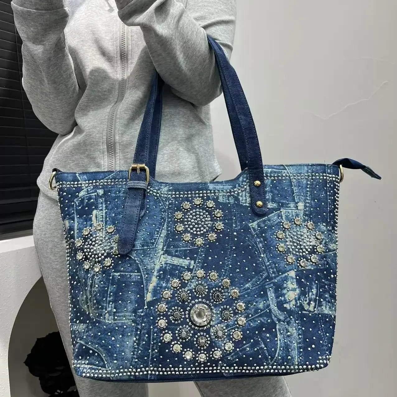 Denim Crystal Embellished Shoulder Tote