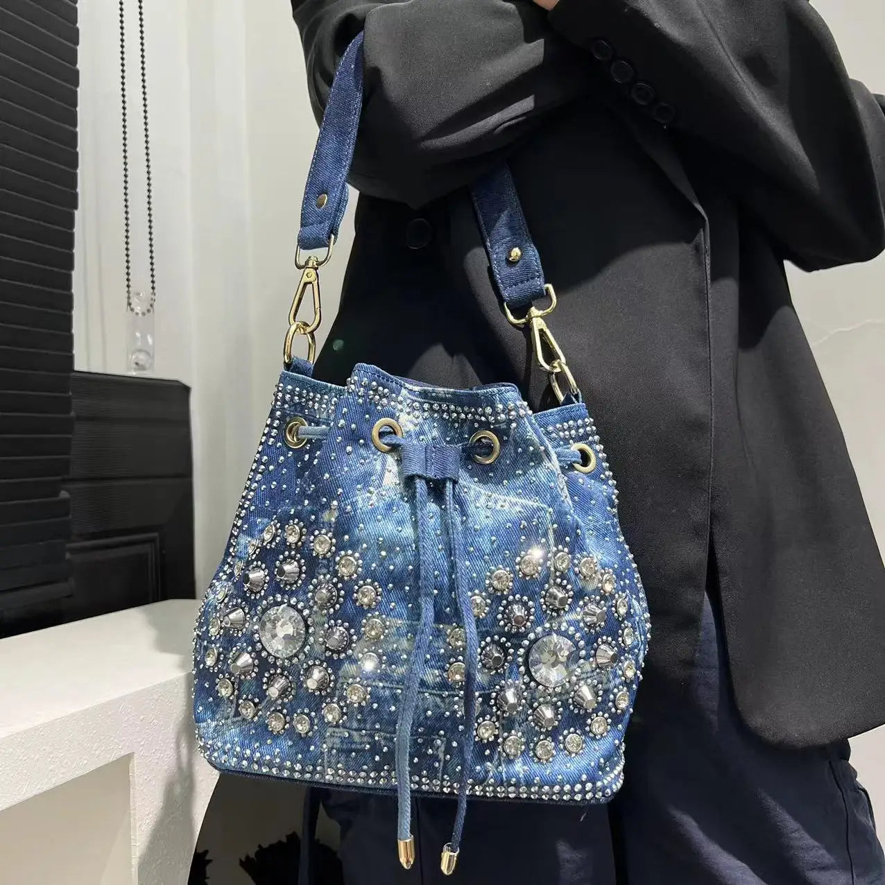 Denim Bucket Crossbody Bag Set