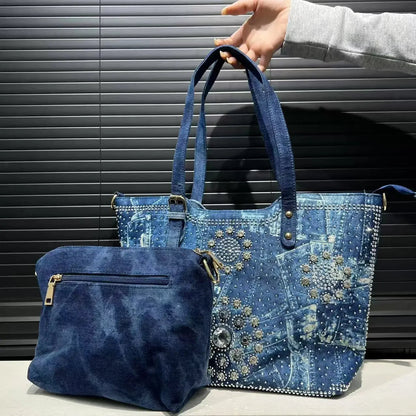Denim Crystal Embellished Shoulder Tote