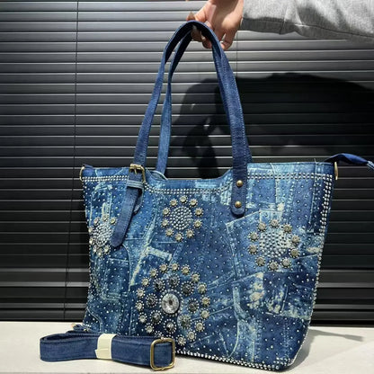 Denim Crystal Embellished Shoulder Tote