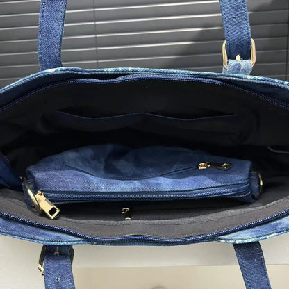 Denim Crystal Embellished Shoulder Tote