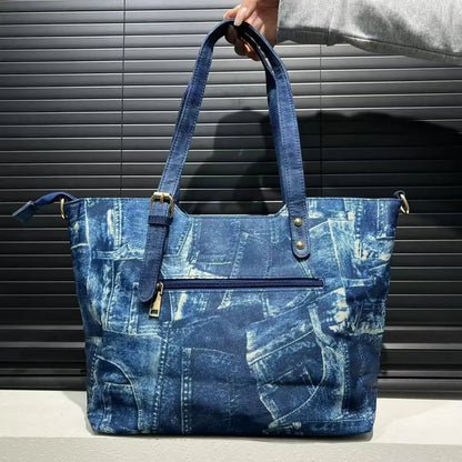 Denim Crystal Embellished Shoulder Tote