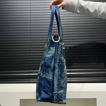 Denim Crystal Embellished Shoulder Tote